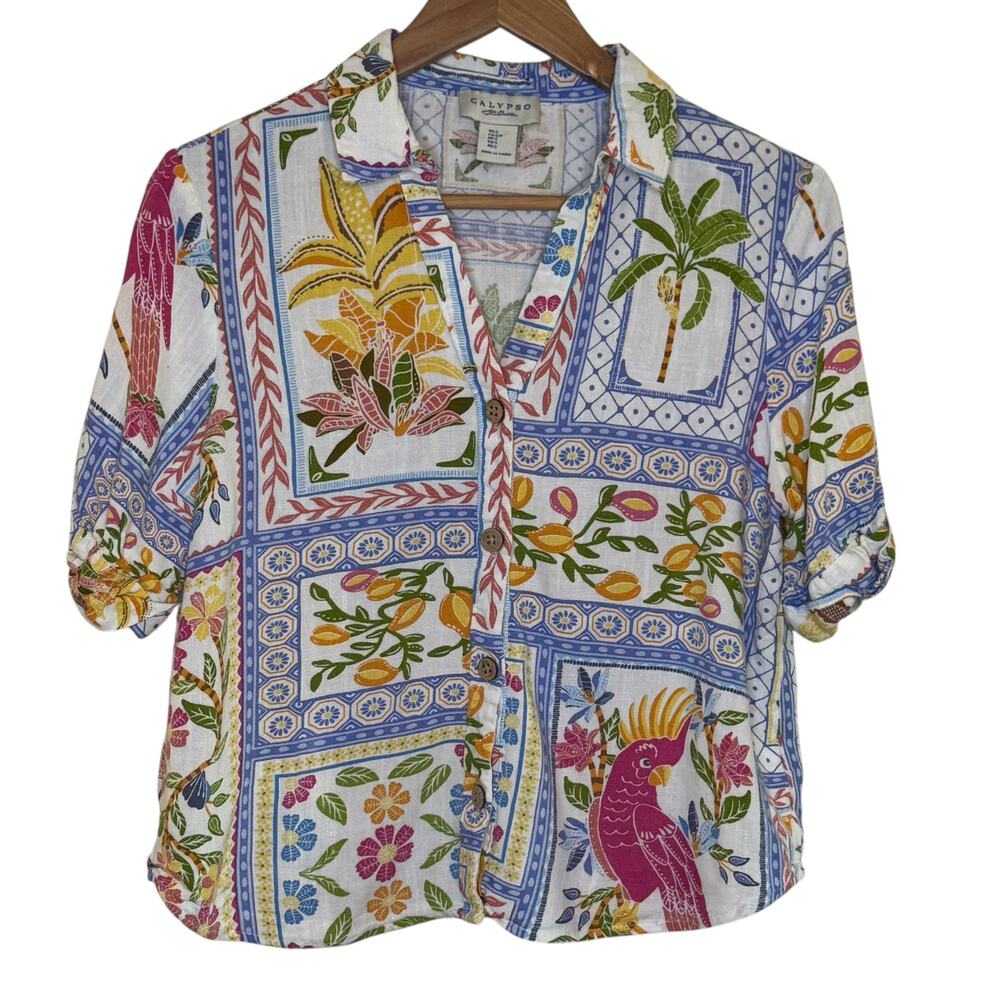 Calypso St Barth Linen Blend Palm Tree Parrot Floral Print Short Sleeve Blouse